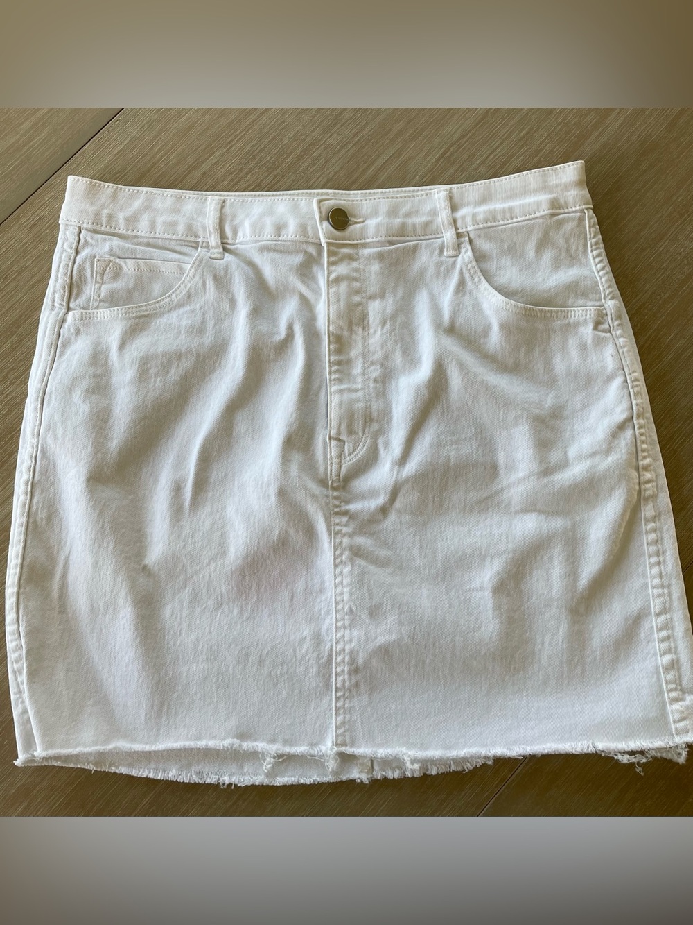 White Denim Mini Skirt with Raw Hem. &Denim. Coastal Cowgirl, Denim, Distressed.